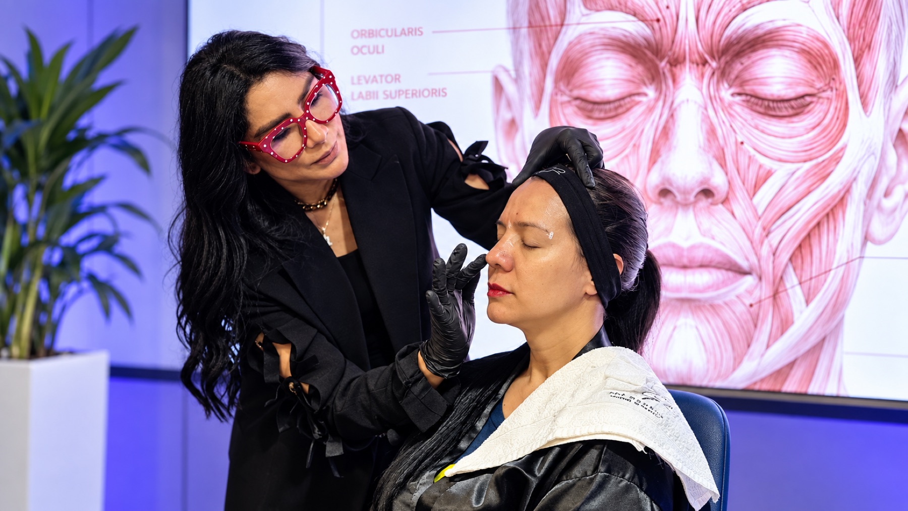 Zoé Gamboa demostrando una técnica de armonización facial en capacitación